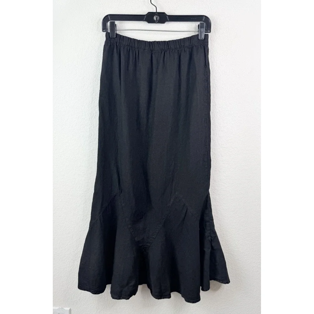 Mosaic Women's 100% Linen Black Maxi Skirt Sz S Mermaid Flounce Hem Boho - Picture 2 of 8